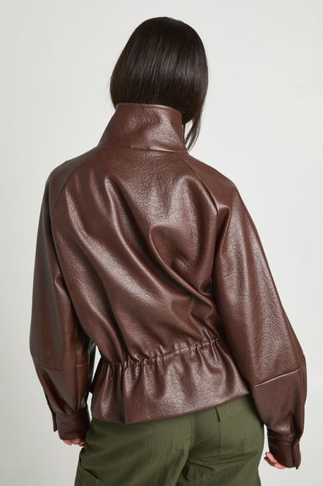 Pebbled Faux Leather Cinched Waist Funnel Neck Jacket - Image 2