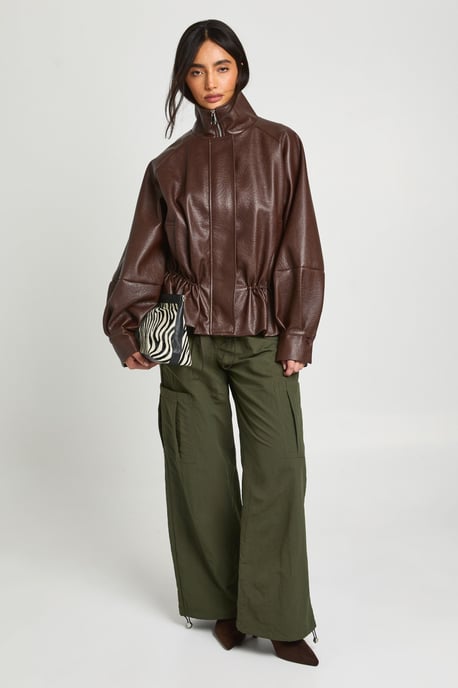 Pebbled Faux Leather Cinched Waist Funnel Neck Jacket - Image 3