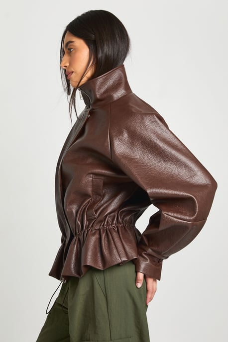 Pebbled Faux Leather Cinched Waist Funnel Neck Jacket - Image 4