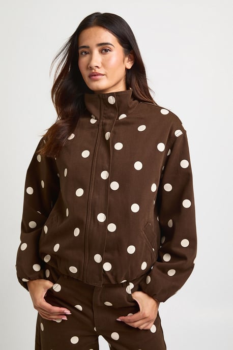 Polka Dot Funnel Neck Denim Bomber Jacket - Image 1