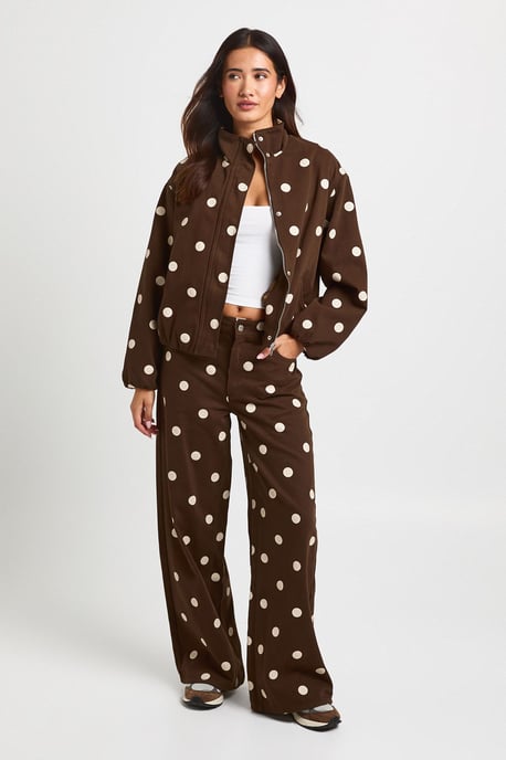 Polka Dot Funnel Neck Denim Bomber Jacket - Image 3