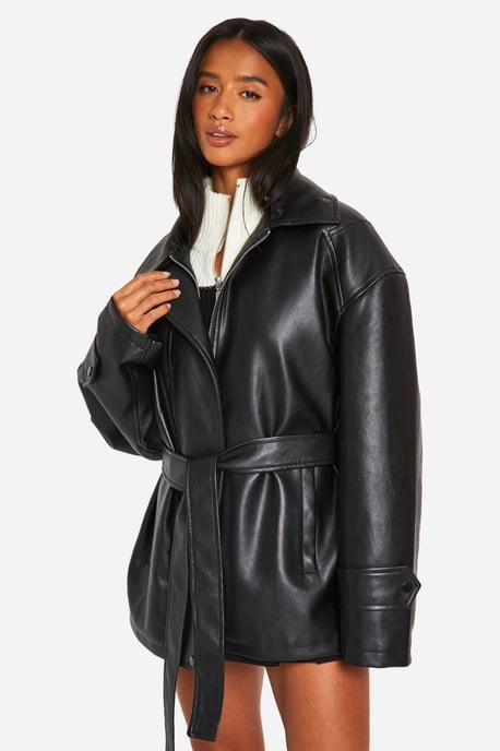 Petite Belted Faux Leather Trench Coat - Image 1
