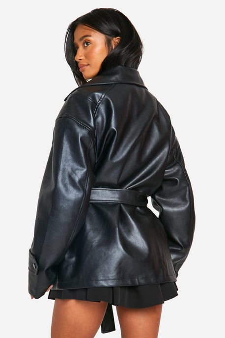 Petite Belted Faux Leather Trench Coat - Image 2