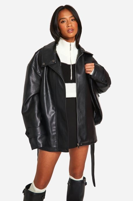 Petite Belted Faux Leather Trench Coat - Image 3