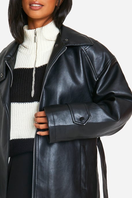 Petite Belted Faux Leather Trench Coat - Image 4