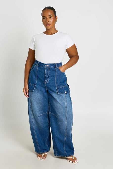 Plus Mid Waist Cargo Utility Barrel Jean - Image 1