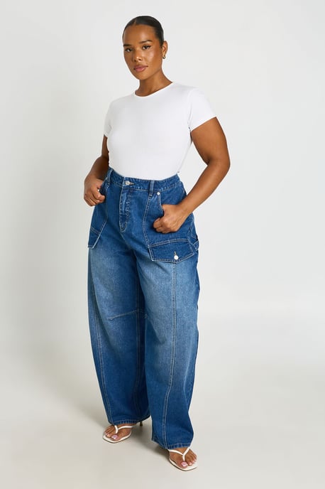 Plus Mid Waist Cargo Utility Barrel Jean - Image 3