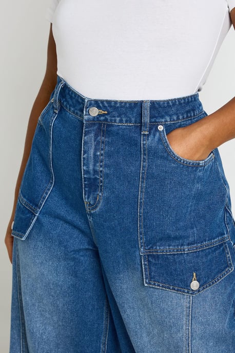 Plus Mid Waist Cargo Utility Barrel Jean - Image 4