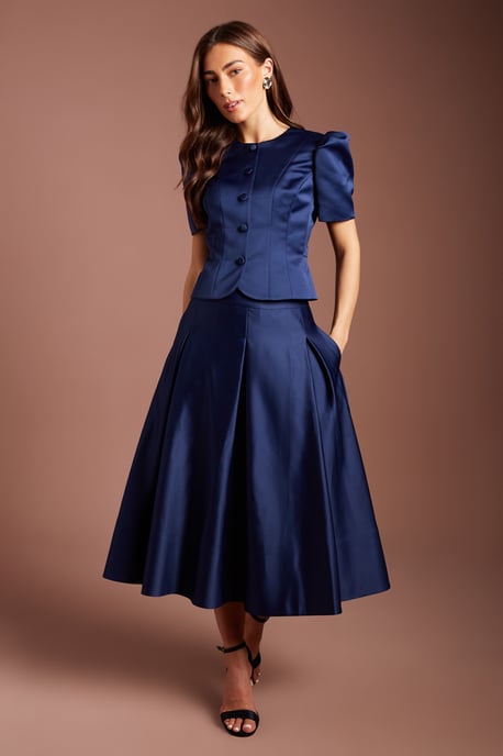 Satin Pleat Front Midi Full Skirt - Image 1
