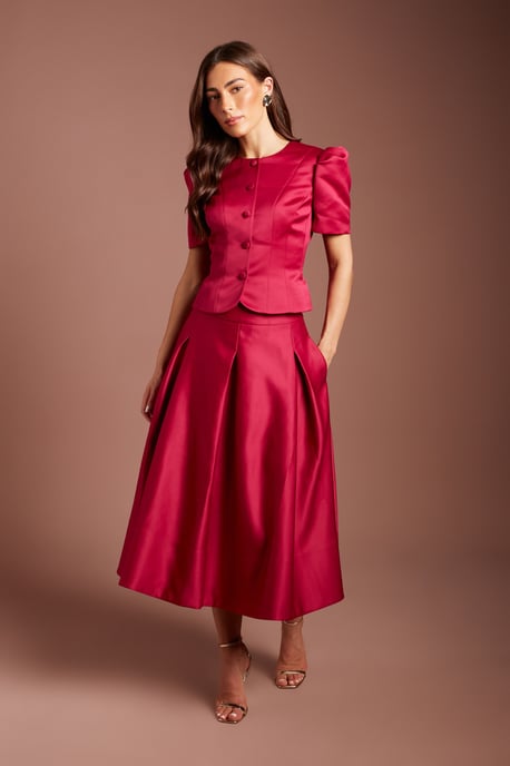 Satin Pleat Front Midi Full Skirt - Image 1