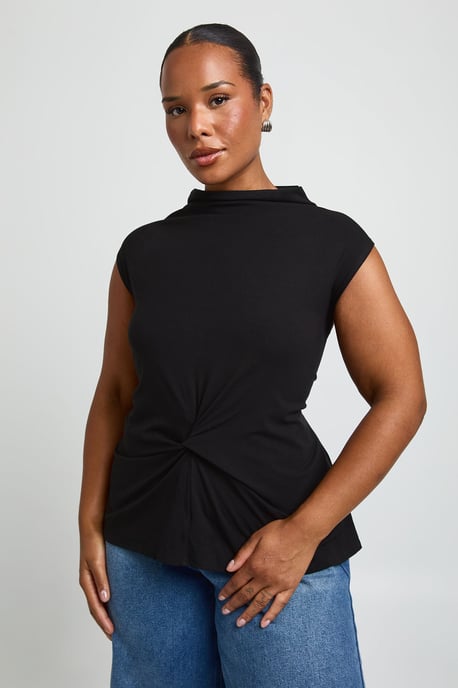 Plus Front Knot Detail Funnel Neck Top - Image 3