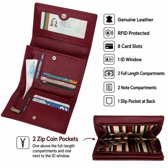 Ladies Real Leather RFID Purse, Multi Card Wallet Coin Pocket in Dark Red - Image 3