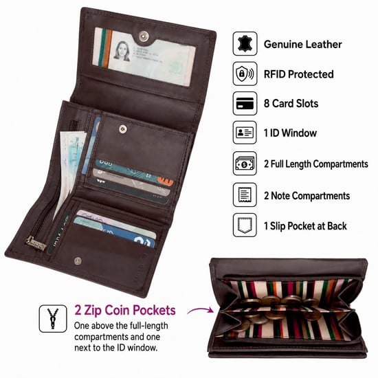Ladies Real Leather RFID Purse, Multi Card Wallet Coin Pocket in Dark Brown - Image 3