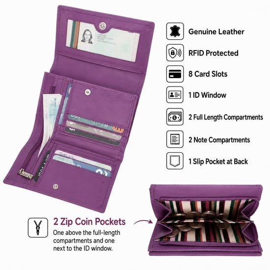 Ladies Real Leather RFID Purse, Multi Card Wallet Coin Pocket in Lilac - Image 3