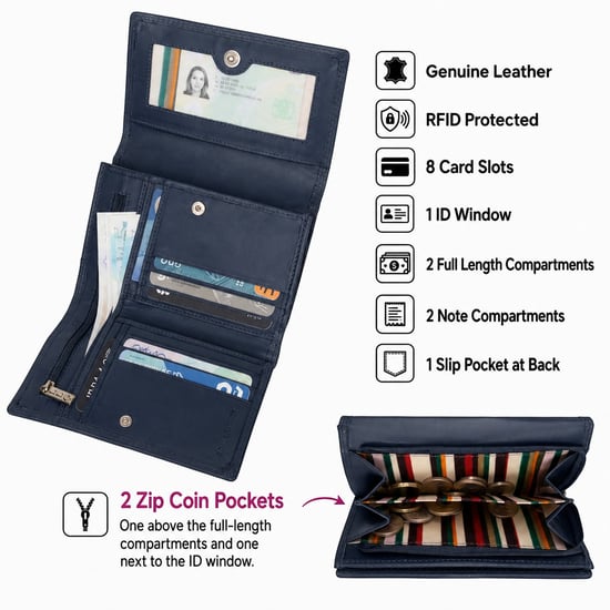 Ladies Real Leather RFID Purse, Multi Card Wallet Coin Pocket in Navy - Image 3
