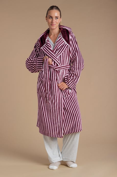 Burgundy Fluffy Hooded Stripe Dressing Gown - Image 1