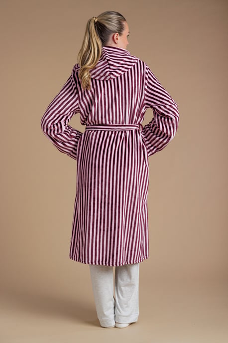 Burgundy Fluffy Hooded Stripe Dressing Gown - Image 2