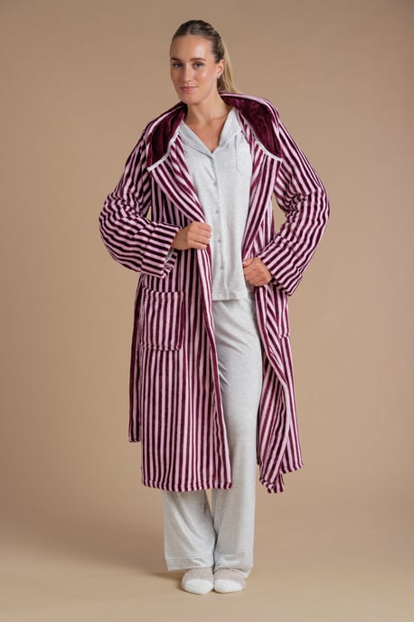 Burgundy Fluffy Hooded Stripe Dressing Gown - Image 3