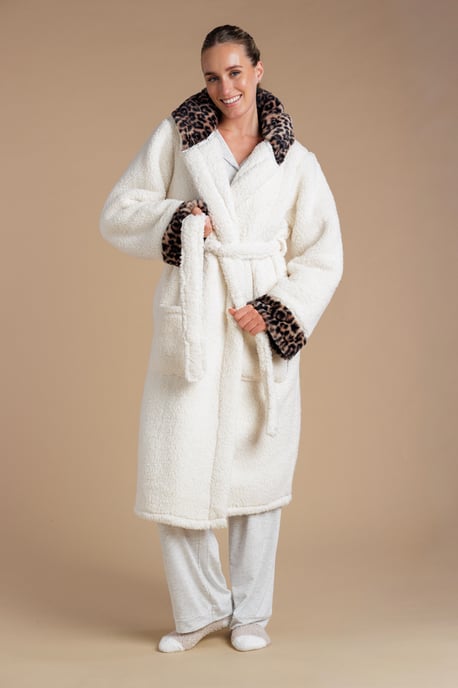 Ivory Leopard Hood Sherpa Dressing Gown - Image 1
