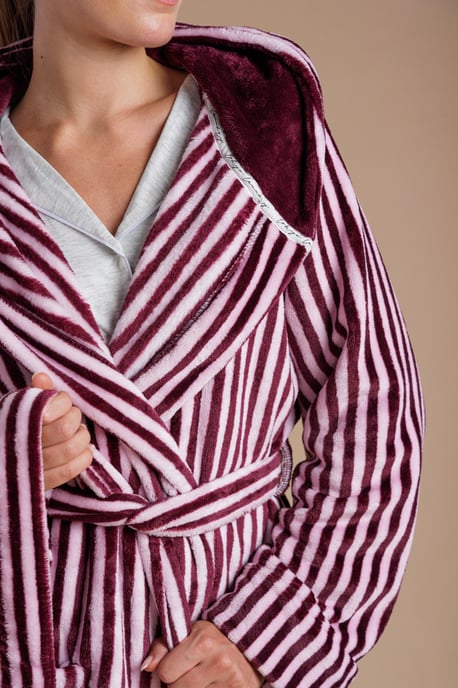 Burgundy Fluffy Hooded Stripe Dressing Gown - Image 4