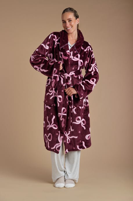 Burgundy Bow Print Fluffy Hooded Dressing Gown - Image 1