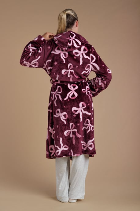 Burgundy Bow Print Fluffy Hooded Dressing Gown - Image 2
