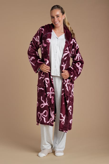 Burgundy Bow Print Fluffy Hooded Dressing Gown - Image 3