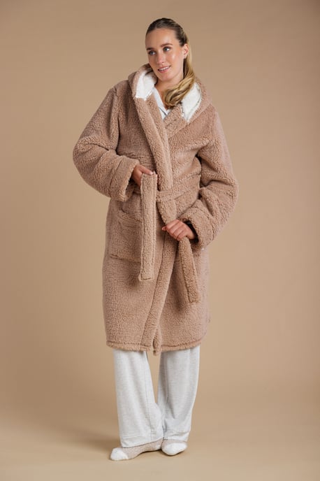 Tan Fluffy Hooded Dressing Gown - Image 1