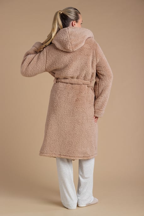 Tan Fluffy Hooded Dressing Gown - Image 2
