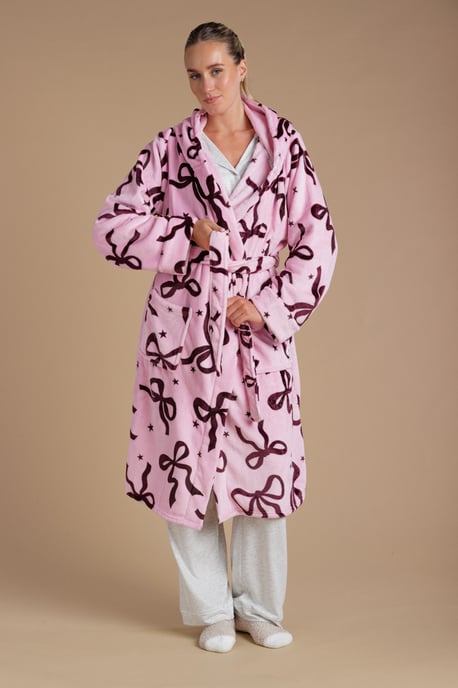 Pink Bow Print Fluffy Hooded Dressing Gown - Image 1