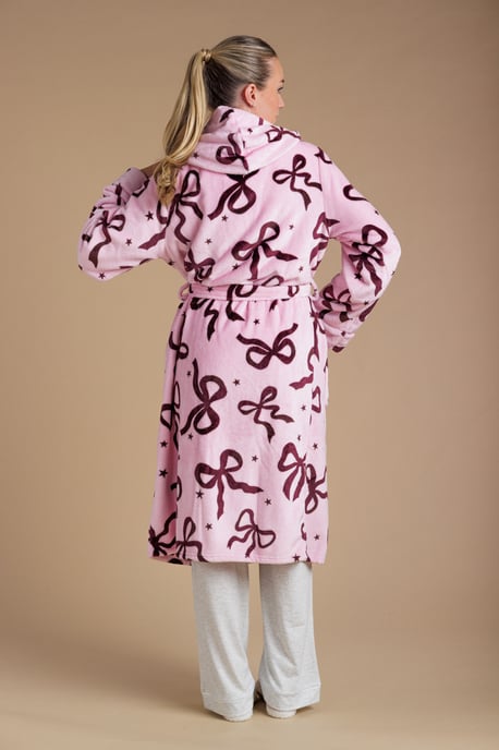 Pink Bow Print Fluffy Hooded Dressing Gown - Image 2
