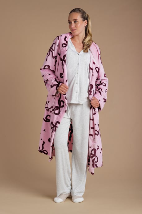 Pink Bow Print Fluffy Hooded Dressing Gown - Image 3
