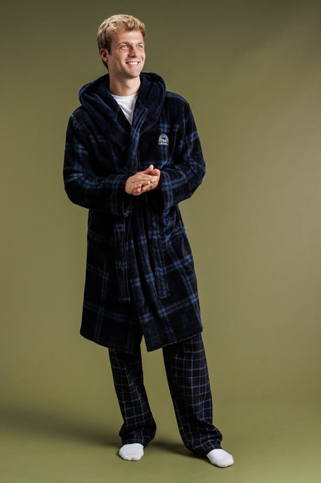 Black Check Hooded Fleece Dressing Gown - Image 1