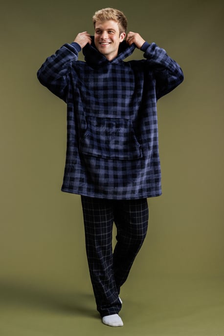 Navy Check Print Oversized Hoodie Blanket - Image 1