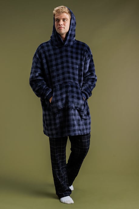 Navy Check Print Oversized Hoodie Blanket - Image 3