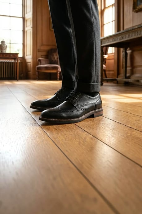 John White Men's Black Leather Wingtip Brogue Lace-Up Shoes-Stokes - Image 3