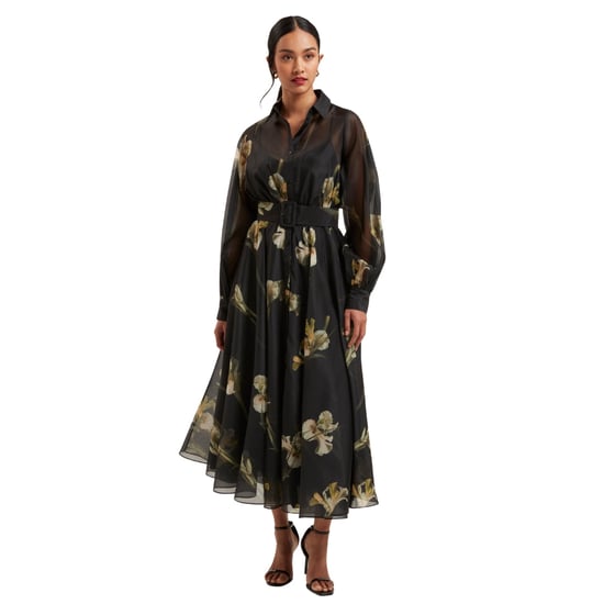 Ted Baker Liorra Zwarte Midi-jurk Van Bedrukte Organza Met Ceintuur - Image 2
