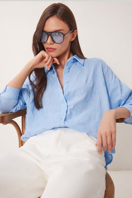 Textured Embroidered Long Sleeve Shirt with Button Closure - Image 1