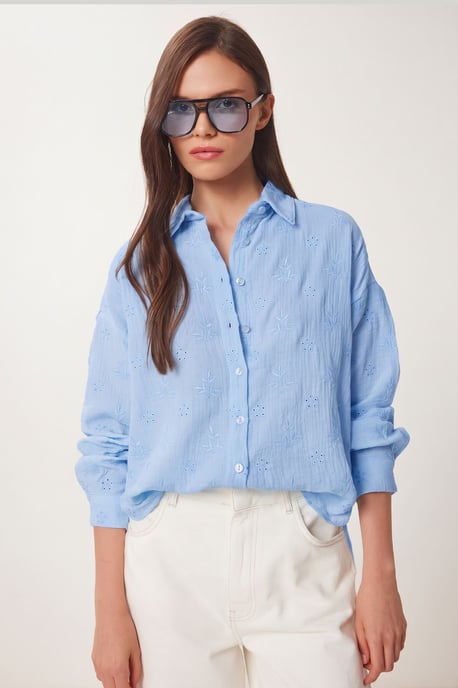 Textured Embroidered Long Sleeve Shirt with Button Closure - Image 2