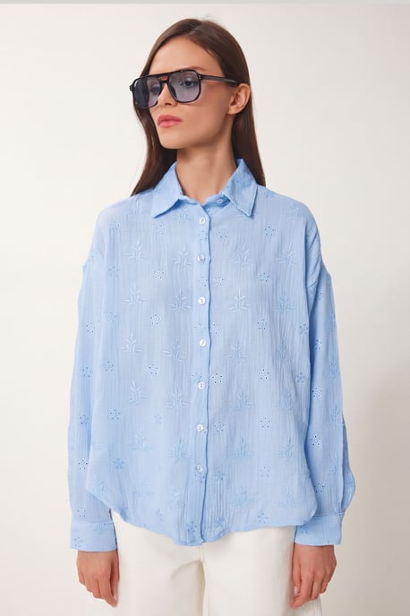 Textured Embroidered Long Sleeve Shirt with Button Closure - Image 3