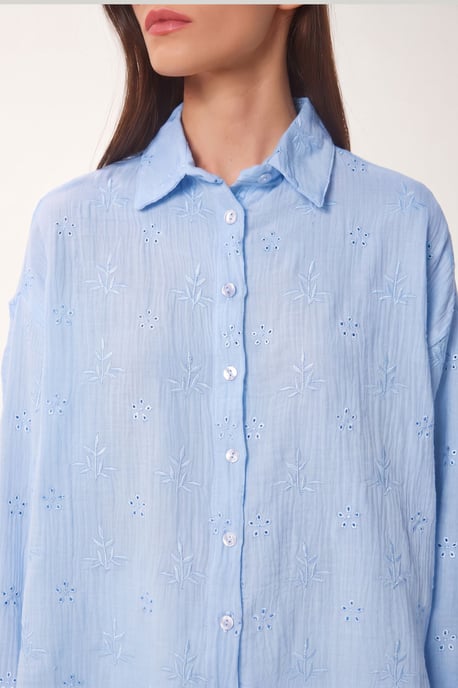 Textured Embroidered Long Sleeve Shirt with Button Closure - Image 4
