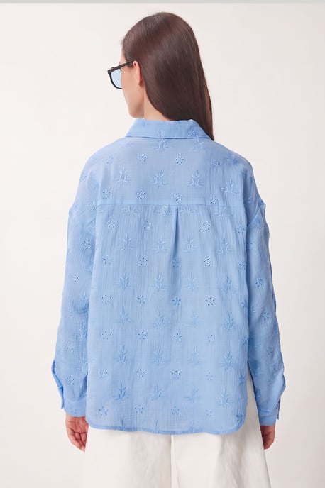 Textured Embroidered Long Sleeve Shirt with Button Closure - Image 5