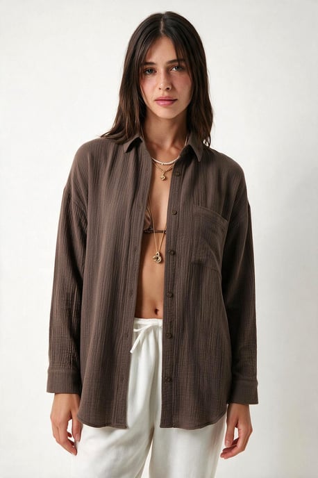 Oversized Textured Cotton Shirt with Pocket - Image 2