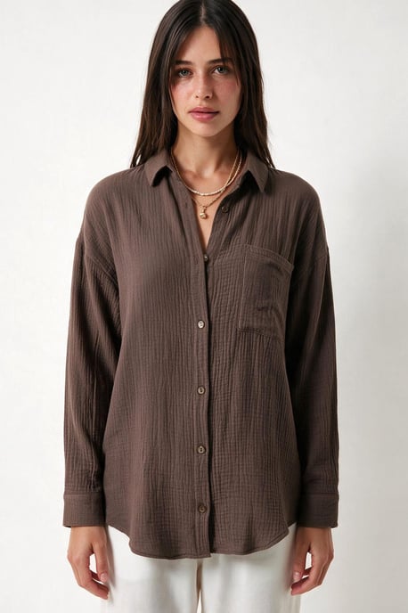 Oversized Textured Cotton Shirt with Pocket - Image 5