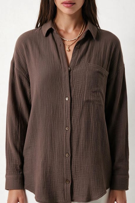 Oversized Textured Cotton Shirt with Pocket - Image 6