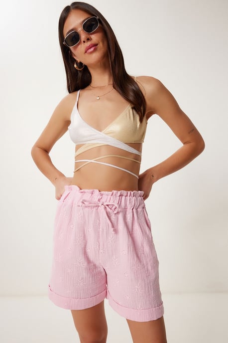 High Waist Drawstring Mini Shorts with Binding Detail - Image 1
