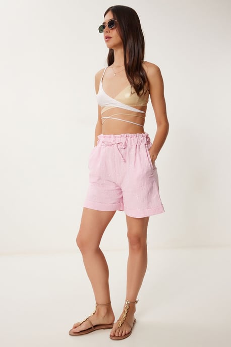 High Waist Drawstring Mini Shorts with Binding Detail - Image 2