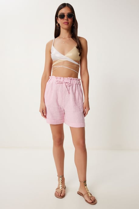 High Waist Drawstring Mini Shorts with Binding Detail - Image 3