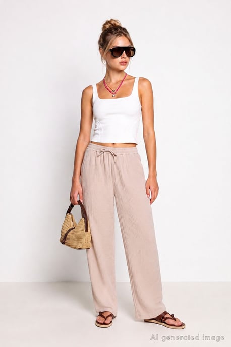 Wide Leg Drawstring Waist Pants with Binding Detail - Image 2