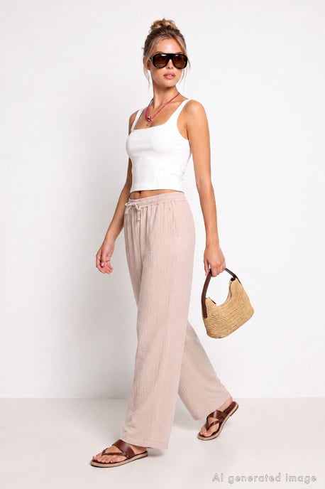Wide Leg Drawstring Waist Pants with Binding Detail - Image 3
